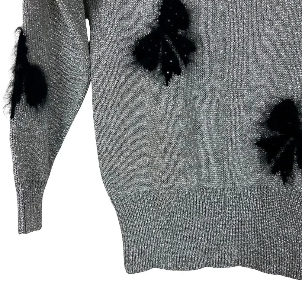 Vintage Smith St. John Metallic Lurex Holiday Sweater Bow Pearl Glam M - Picture 9 of 10